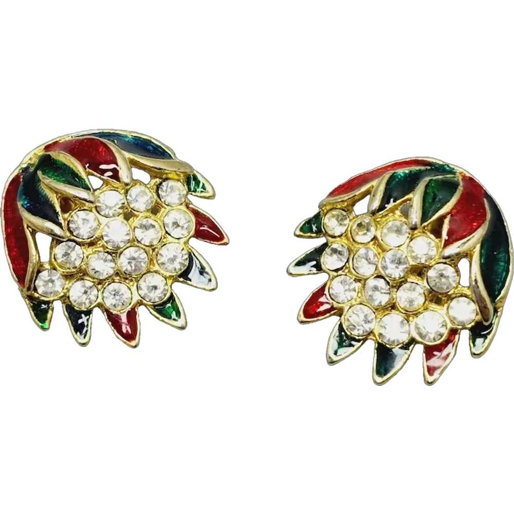 Vintage Enamel Rhinestone Flower Earrings [A1132] - image 1