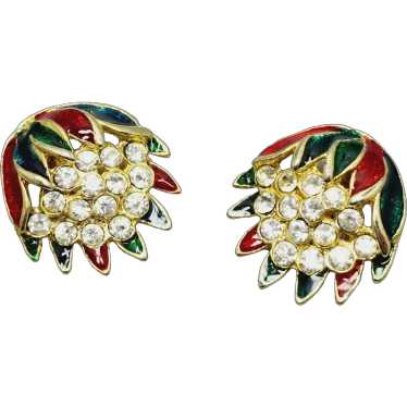 Vintage Enamel Rhinestone Flower Earrings [A1132] - image 1