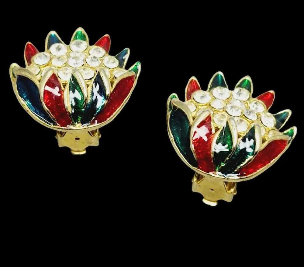 Vintage Enamel Rhinestone Flower Earrings [A1132] - image 2