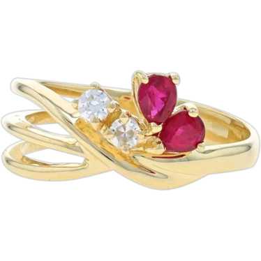 Yellow Gold Ruby & Diamond Crossover Ring - 14k Pe