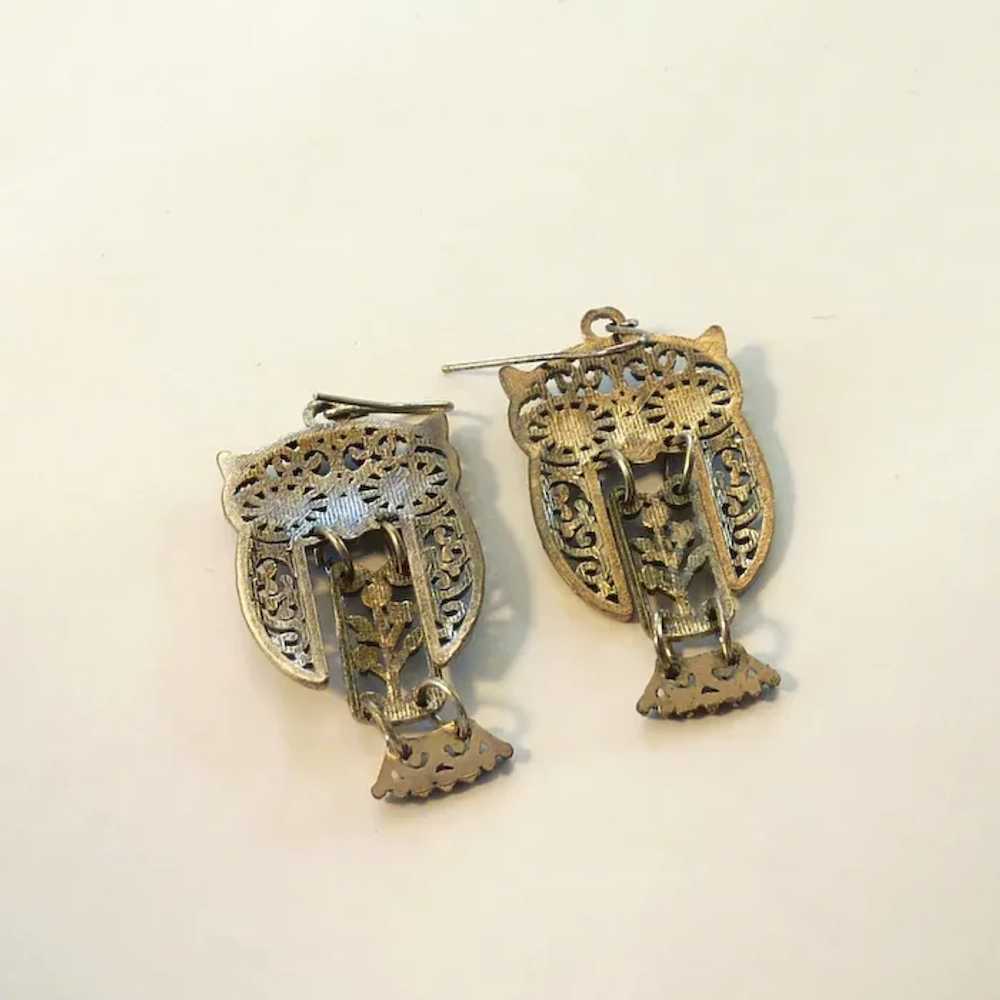 Silver Tone Dangle Pierced Owl Earrings - image 2