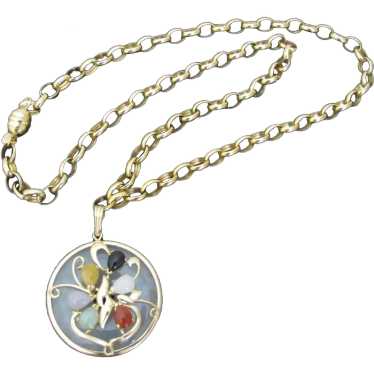 Fun Colorful JADE Flower MEDALLION Pendant 14k Yel