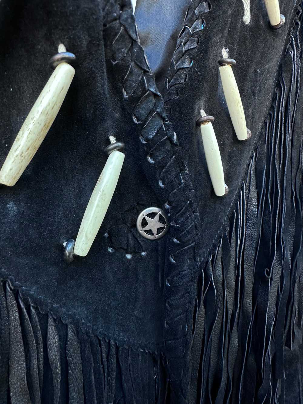 Black Suede Pioneer Wear Jacket with Fringe, Bone… - image 2
