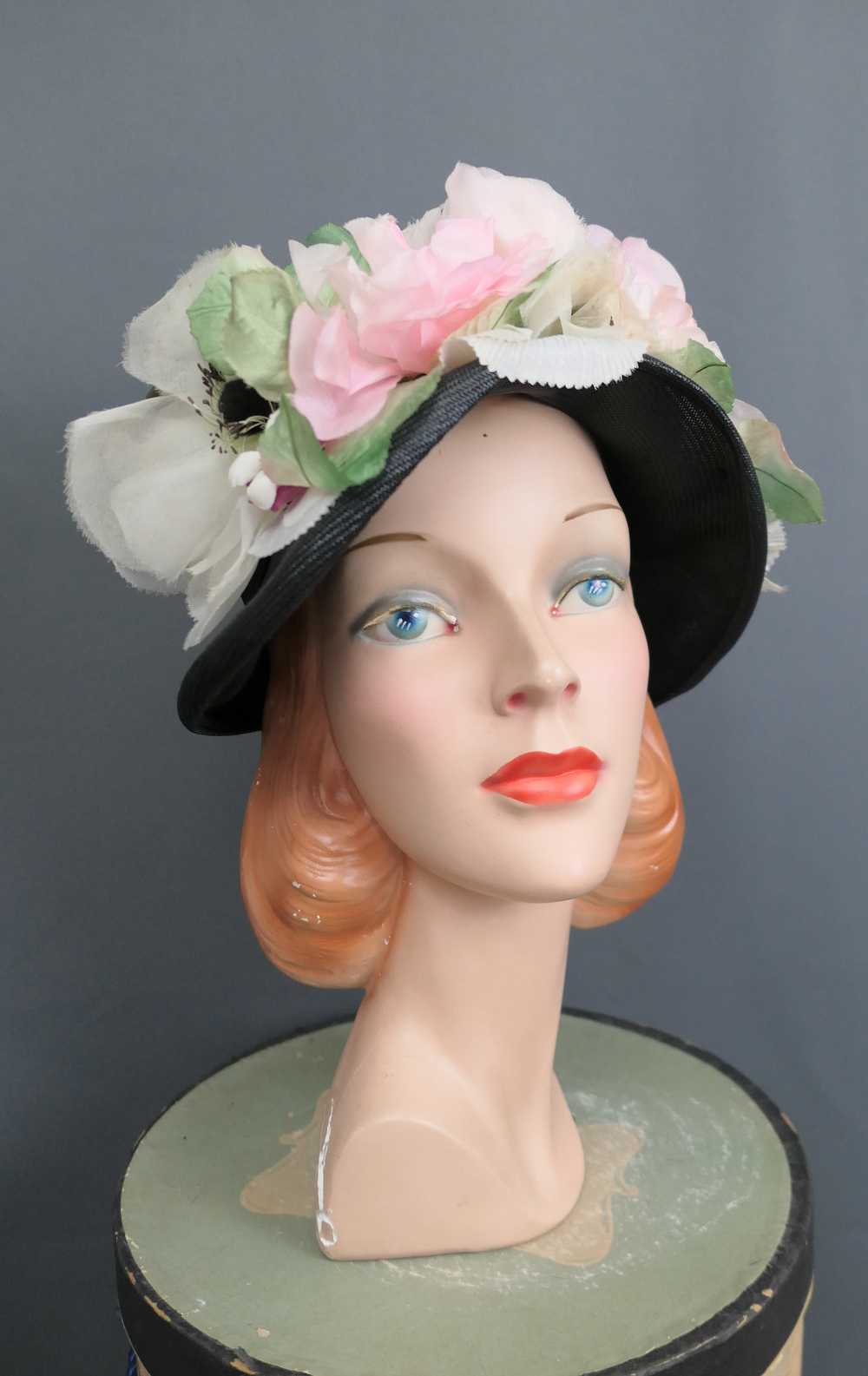 Vintage Black Straw Bucket Hat with Large Flowers… - image 2