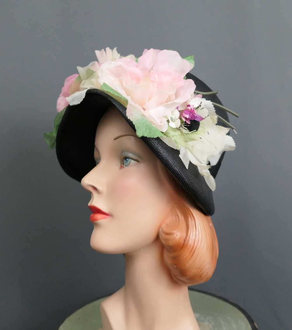 Vintage Black Straw Bucket Hat with Large Flowers… - image 5