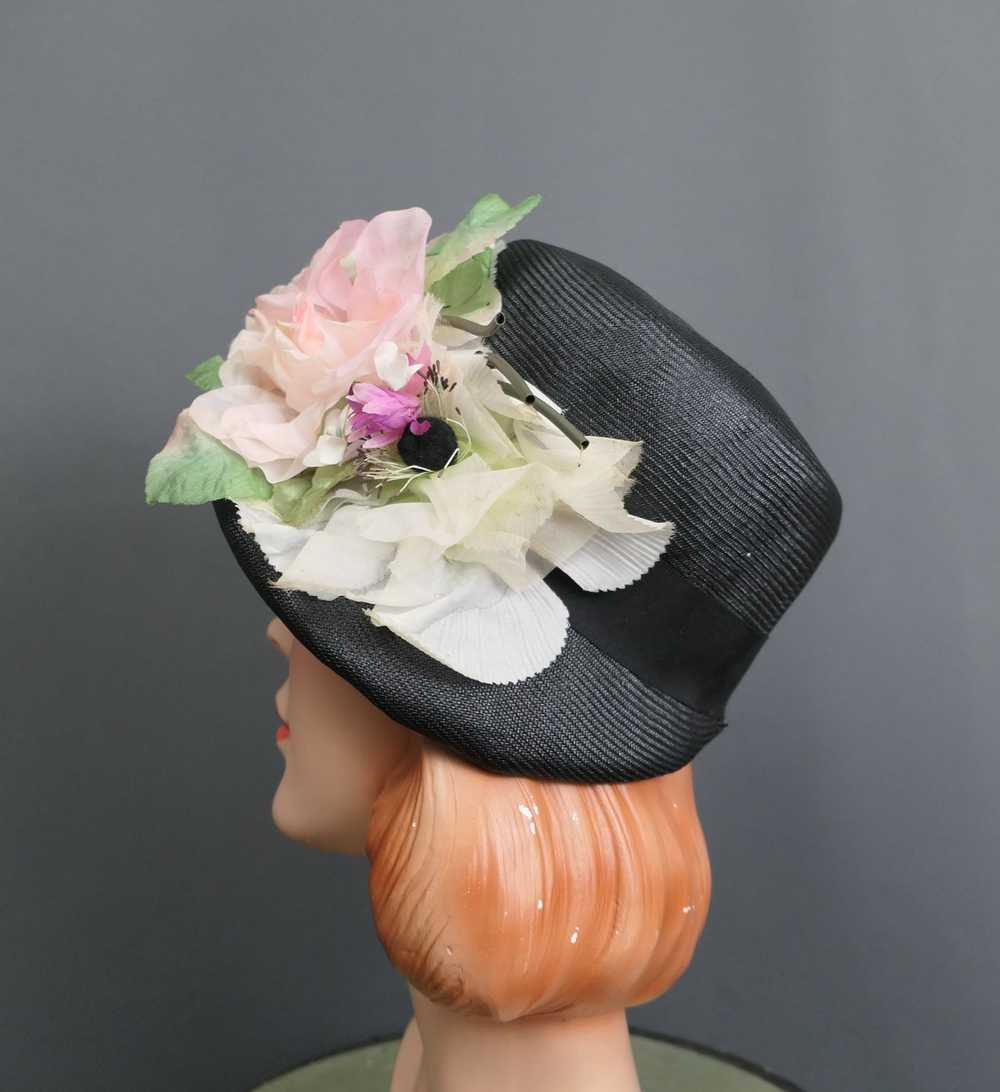 Vintage Black Straw Bucket Hat with Large Flowers… - image 6