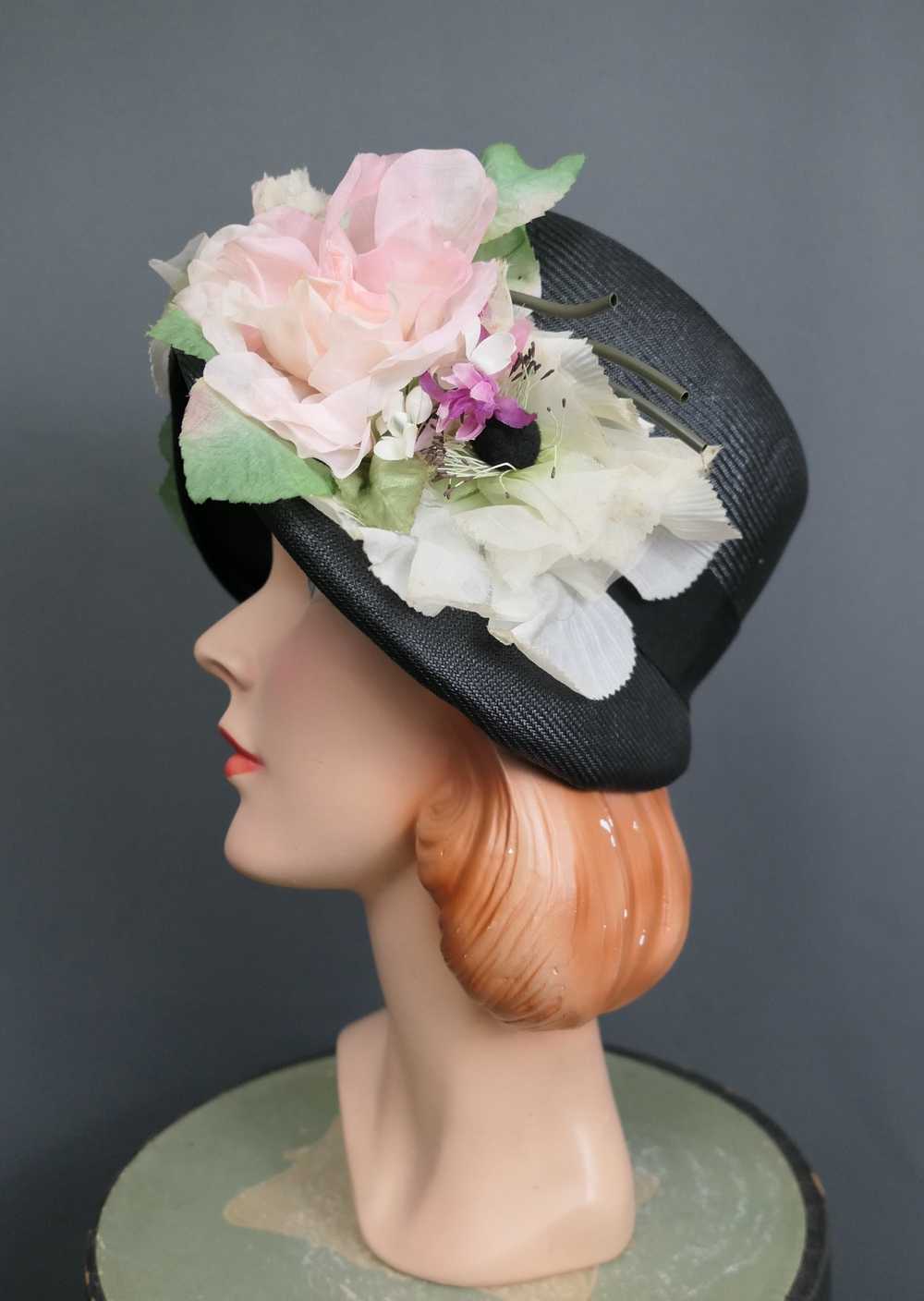 Vintage Black Straw Bucket Hat with Large Flowers… - image 7