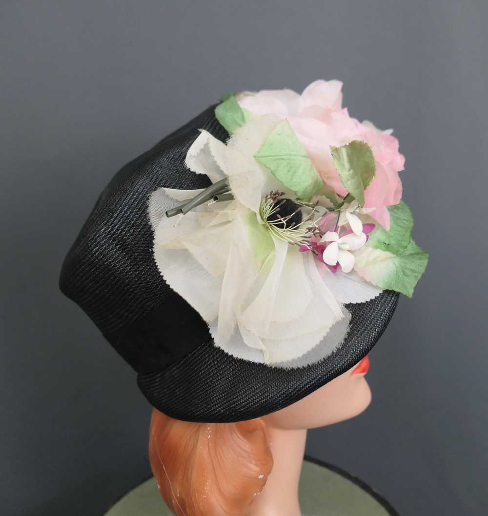 Vintage Black Straw Bucket Hat with Large Flowers… - image 8