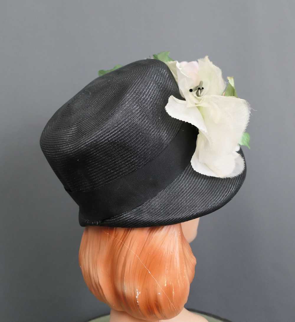 Vintage Black Straw Bucket Hat with Large Flowers… - image 9