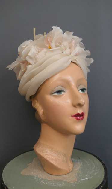 Vintage Ivory Organdy Hat with Pale Pink Flowers 1