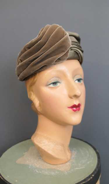 Vintage Velvet & Satin Hat, Light Brown Turban Sty