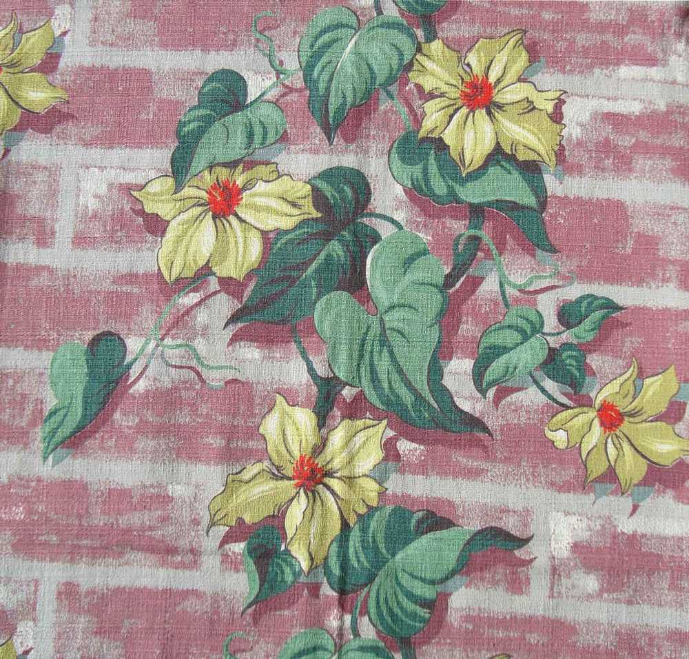 Vintage 40s Barkcloth Fabric Yellow Floral Red Br… - image 1