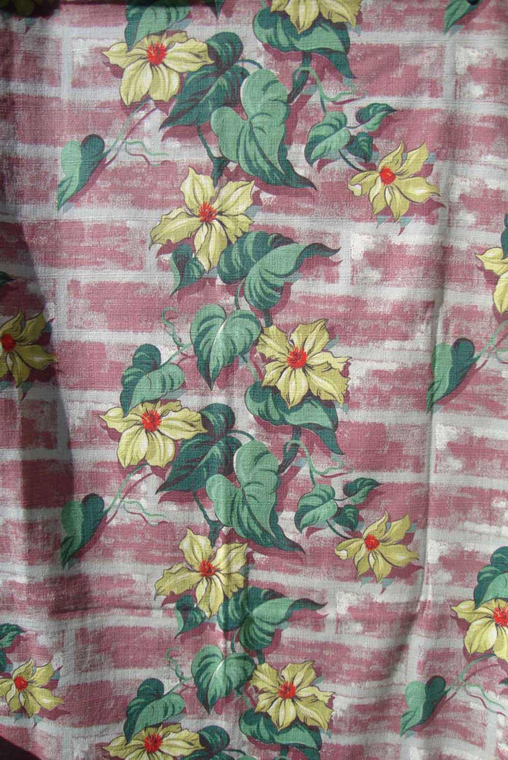 Vintage 40s Barkcloth Fabric Yellow Floral Red Br… - image 2
