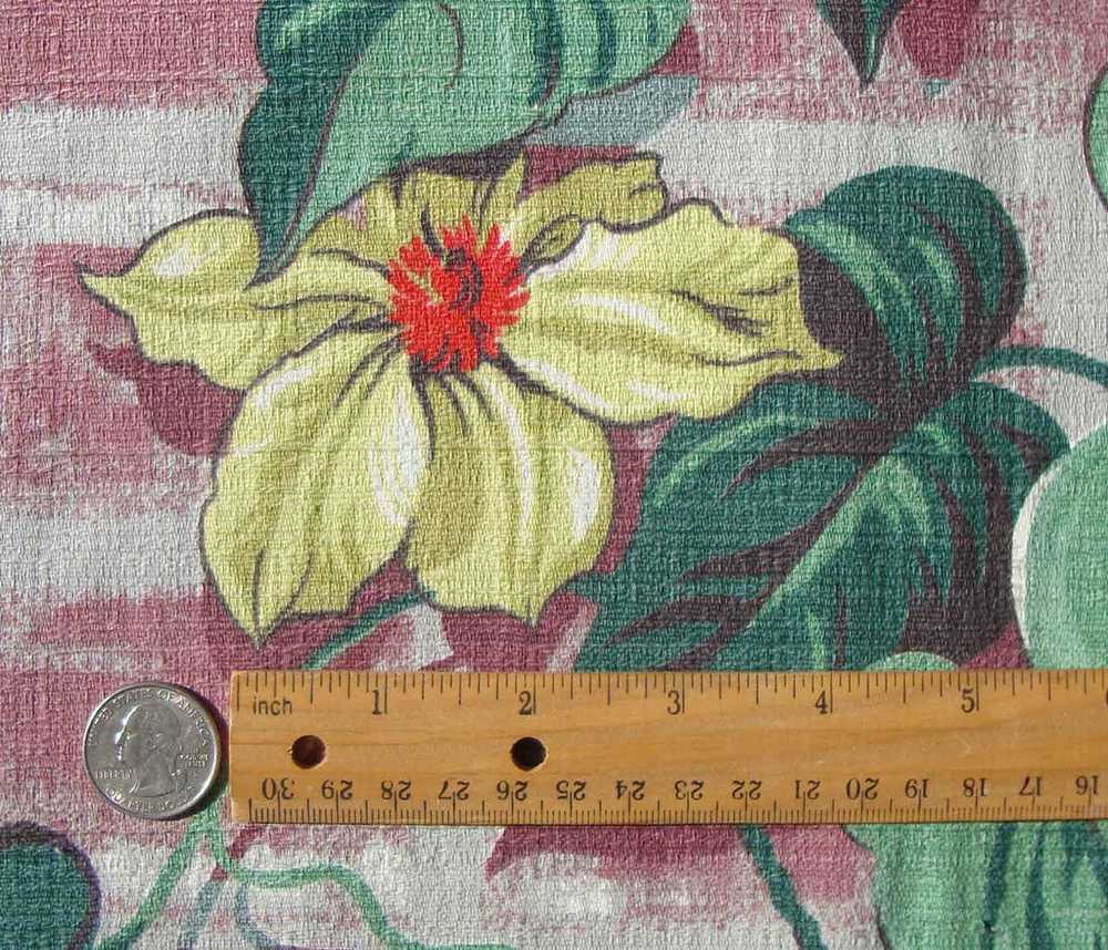 Vintage 40s Barkcloth Fabric Yellow Floral Red Br… - image 3