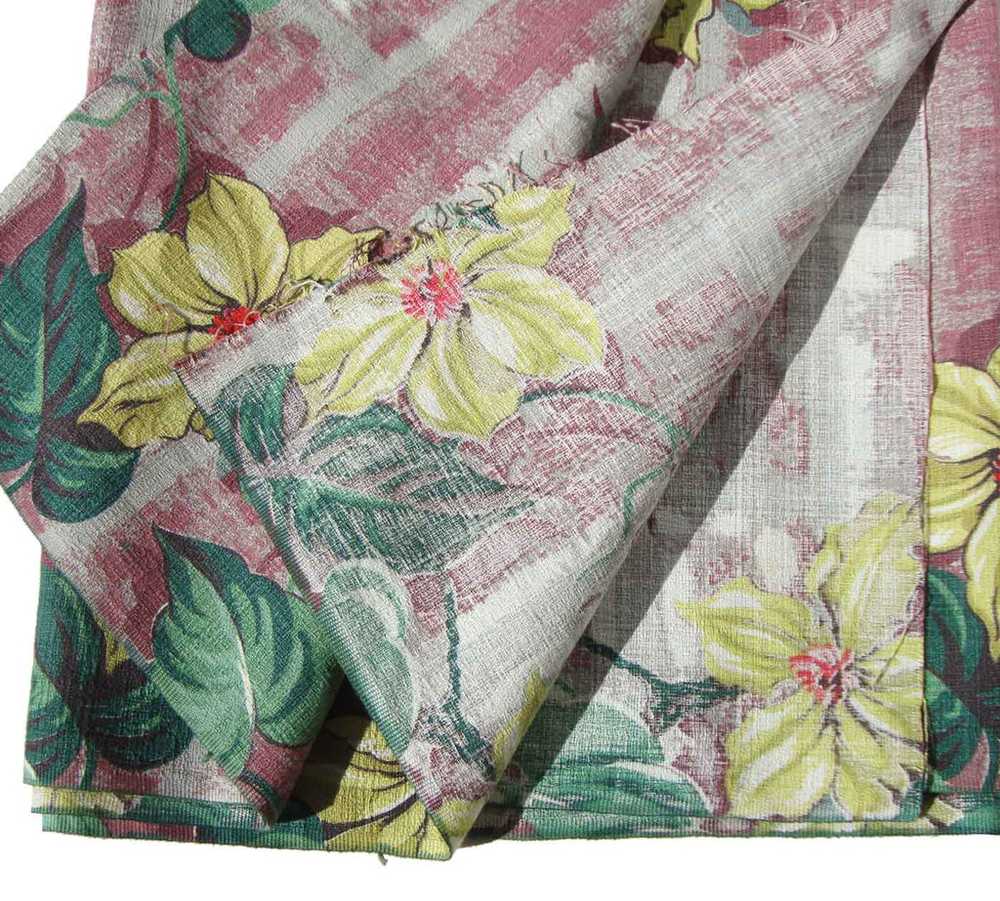 Vintage 40s Barkcloth Fabric Yellow Floral Red Br… - image 6