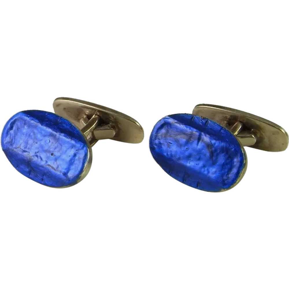 Antique Blue Oval Enamel Art Deco Cufflinks Silve… - image 1