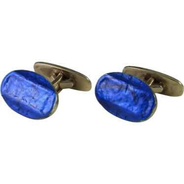 Antique Blue Oval Enamel Art Deco Cufflinks Silve… - image 1