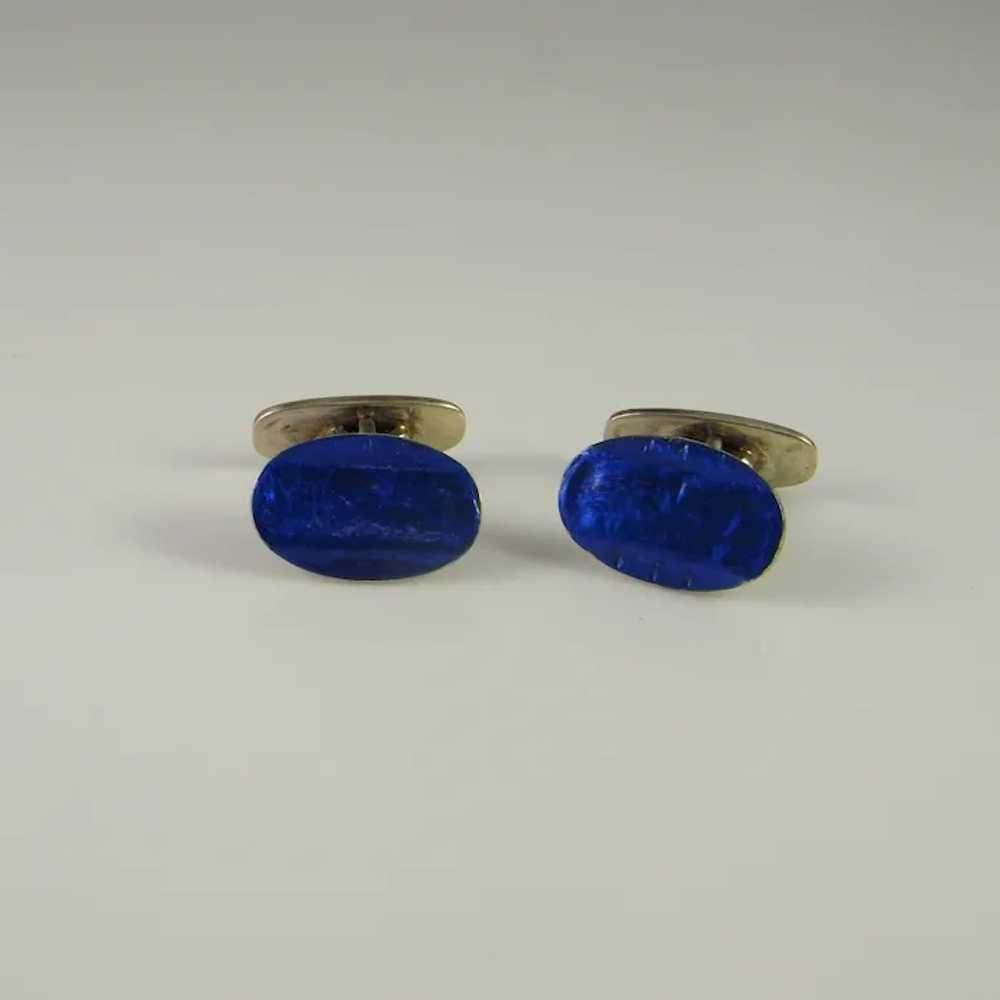 Antique Blue Oval Enamel Art Deco Cufflinks Silve… - image 3