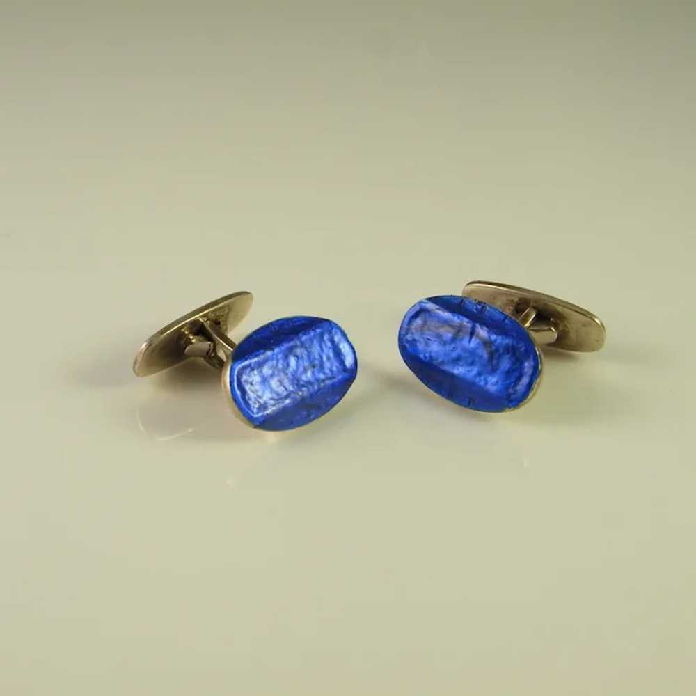 Antique Blue Oval Enamel Art Deco Cufflinks Silve… - image 4