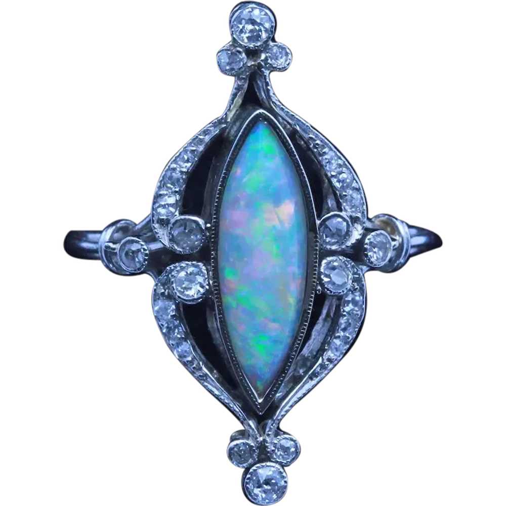 Antique Art Nouveau Ring Platinum Diamonds Opal F… - image 1