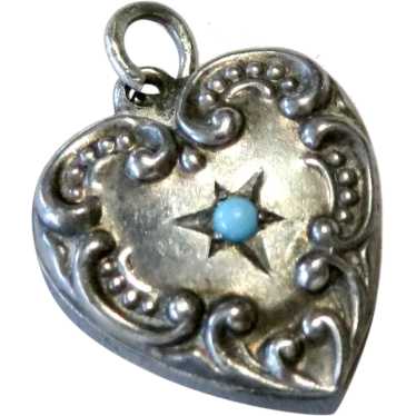 Antique Turquoise Paste Sterling Puffy Heart Charm