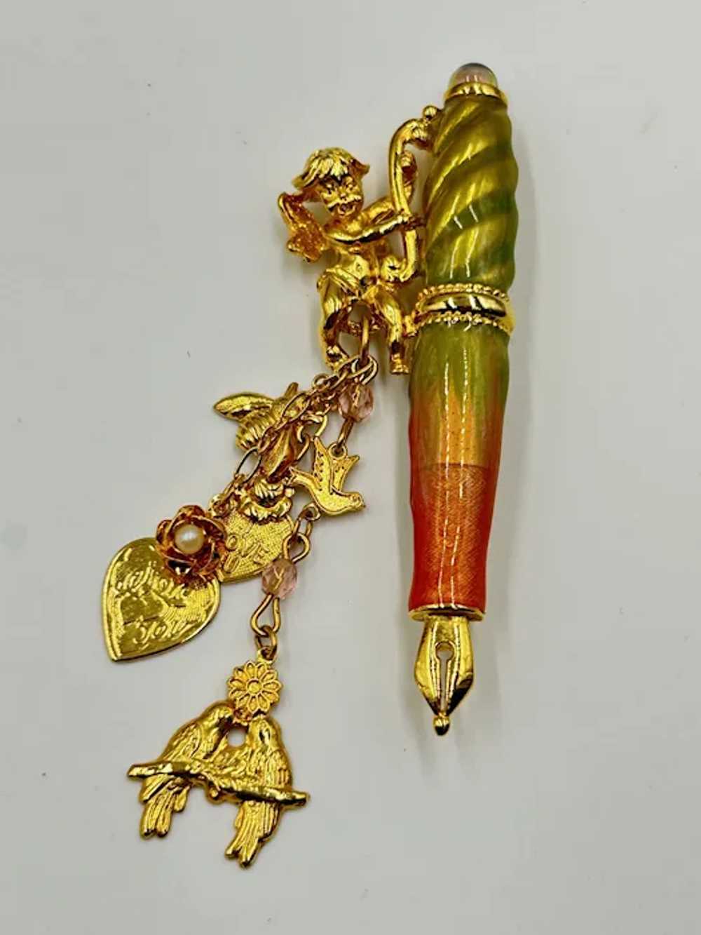 Kirks Folly Pen with Fairy Pin Brooch Cherub Gold… - image 3