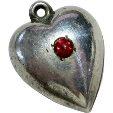 40's Ruby Paste Sterling Fat Puffy Heart Charm