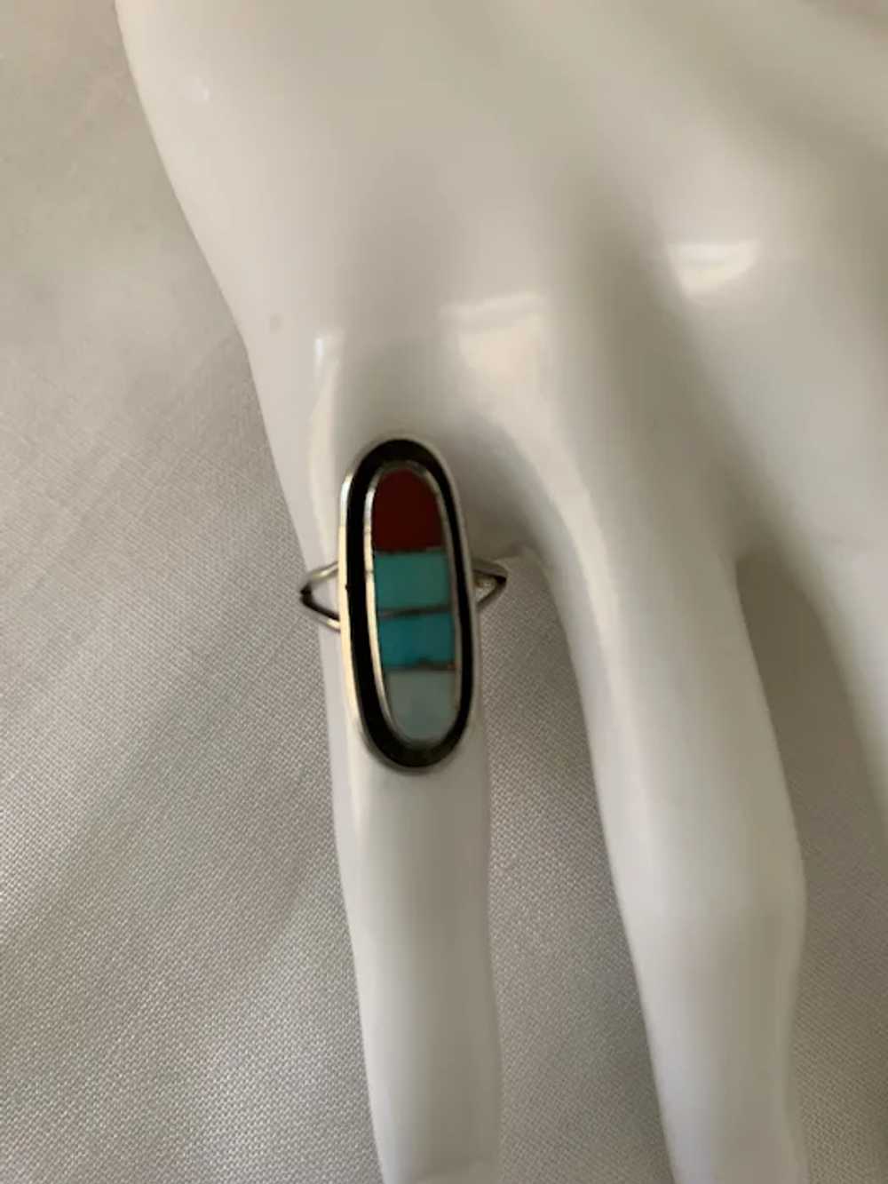 Zuni Inlay Ring Size 5 - Turquoise, Coral. MOP - image 3