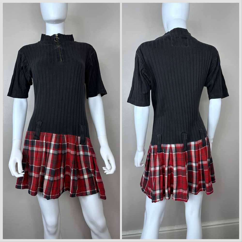 1990s Red Plaid and Black Rib Knit Mini Dress, Ul… - image 1