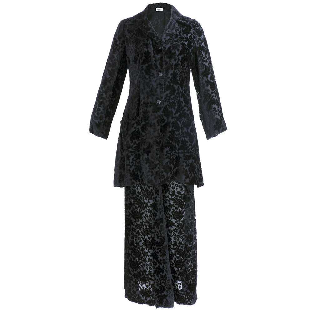 THEA PORTER 70s Black Sheer Cut Velvet Pantsuit E… - image 1