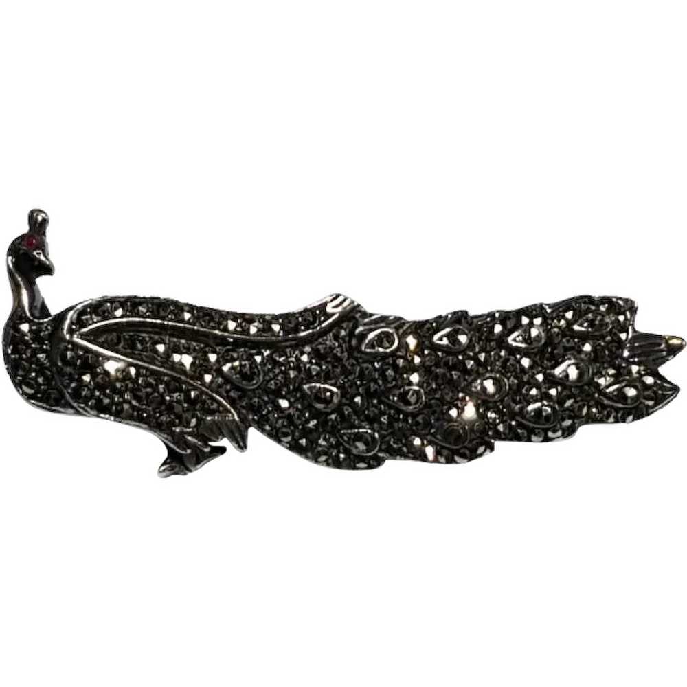 Sterling & Marcasite Peacock Pin - image 1