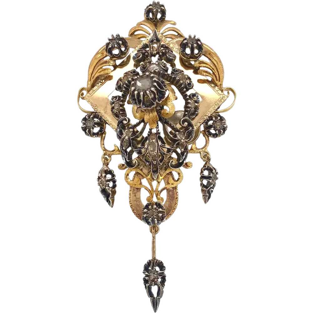 Victorian 18K Gold & Silver Diamond Long Brooch - image 1