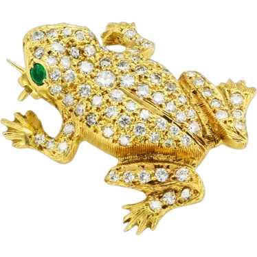 Austrian Diamond Emerald Yellow Gold Frog Brooch A