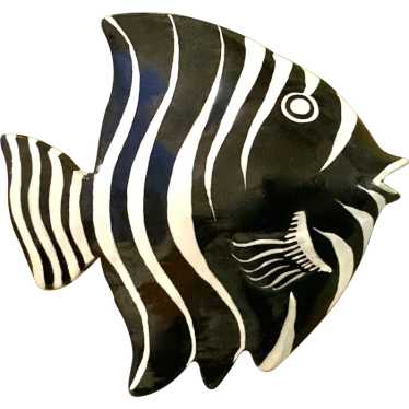 Large Zebra Angelfish Hand Painted Wood Brooch Pin - image 1