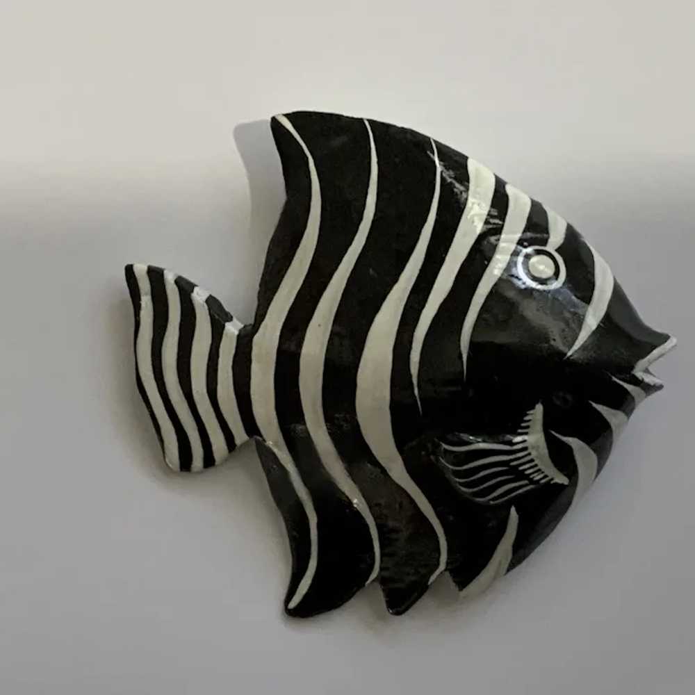 Large Zebra Angelfish Hand Painted Wood Brooch Pin - image 2