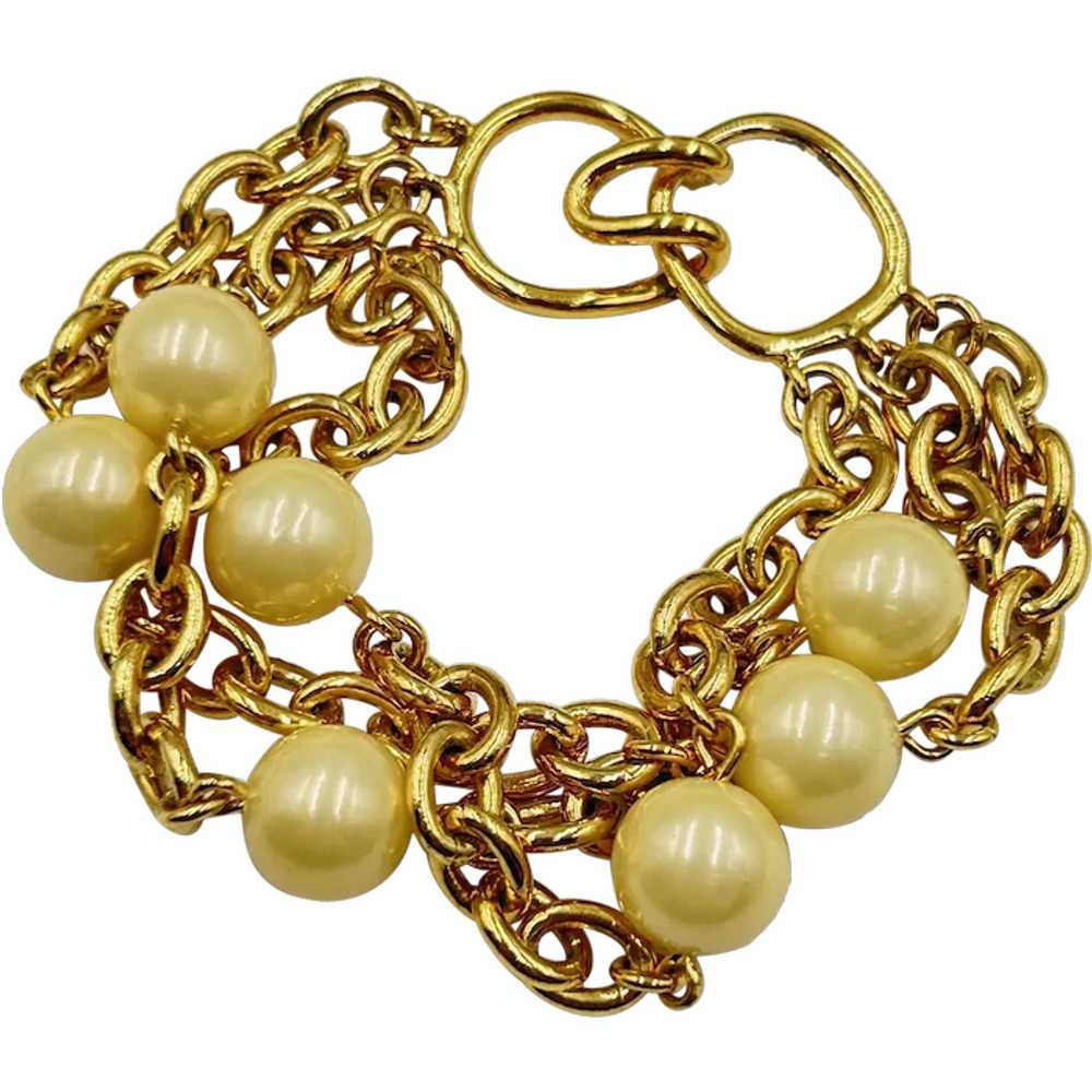 Vintage Chains Pearl Bracelet Gold Tone Costume J… - image 1