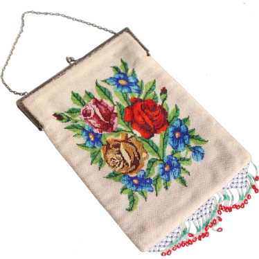 Vintage Antique 1910s Bag, Rose Microbeaded Fring… - image 1