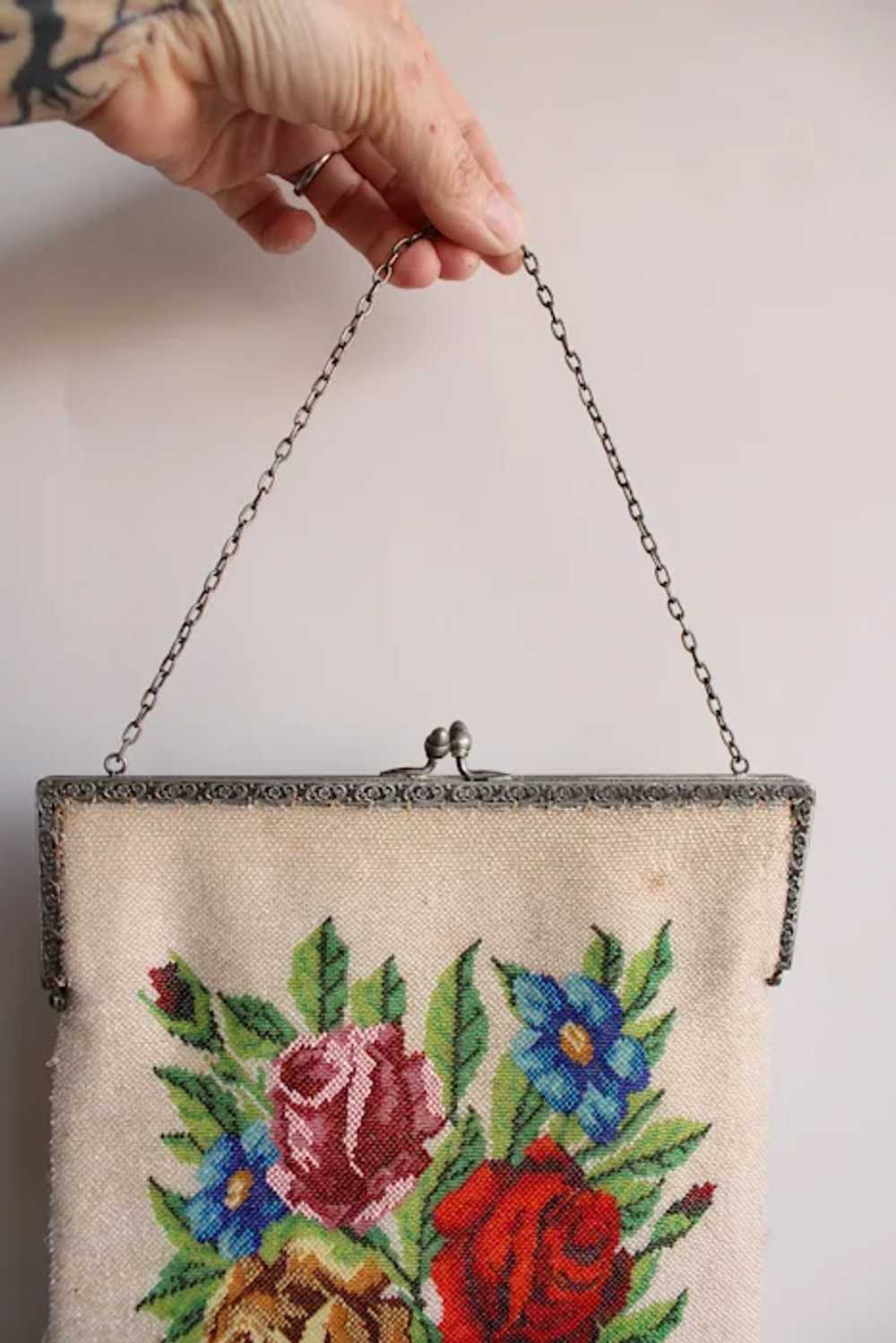 Vintage Antique 1910s Bag, Rose Microbeaded Fring… - image 2