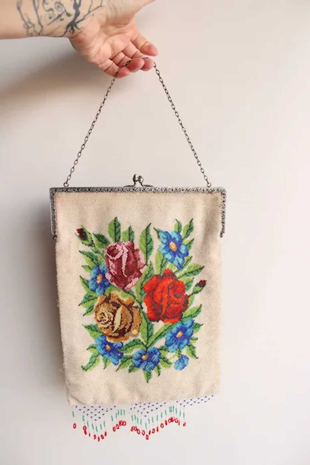 Vintage Antique 1910s Bag, Rose Microbeaded Fring… - image 5