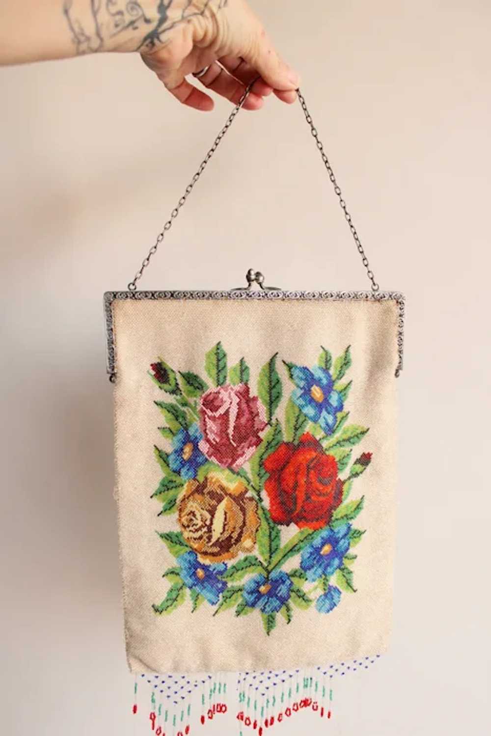 Vintage Antique 1910s Bag, Rose Microbeaded Fring… - image 8
