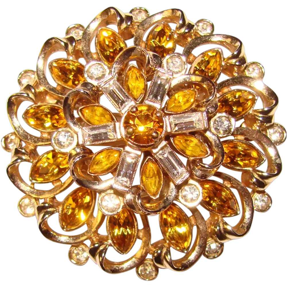 Fabulous AMBER & Clear Rhinestone Vintage Brooch - image 1