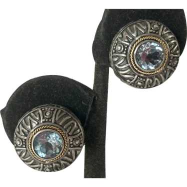 Sterling 18K Gold Round Blue Topaz Clip Earrings - image 1