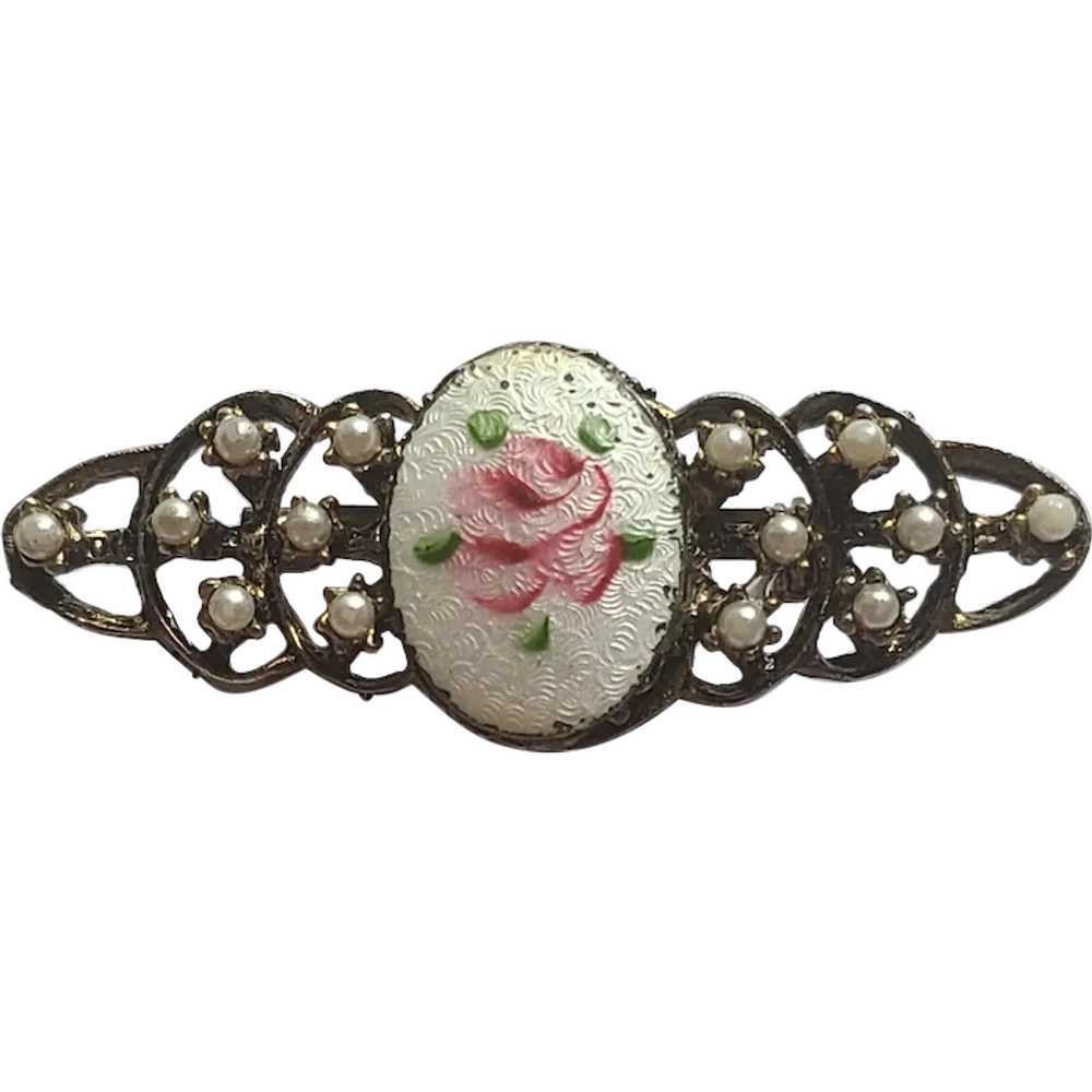 Vintage Guilloche Enamel ROSE Pink White Seed Pea… - image 1