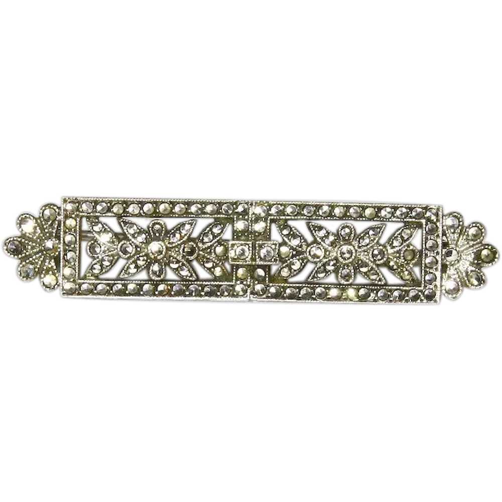 Marcasite Bar Brooch – Sterling – Floral Motif – … - image 1