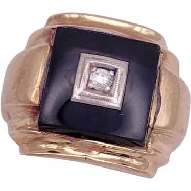 Retro Vintage Onyx and Diamond Ring 10K Two-Tone G