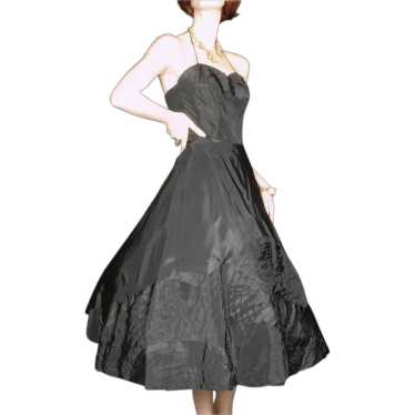 1950's Black Taffeta Dress Pleated Geometric Appl… - image 1