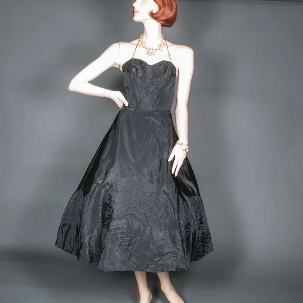1950's Black Taffeta Dress Pleated Geometric Appl… - image 2