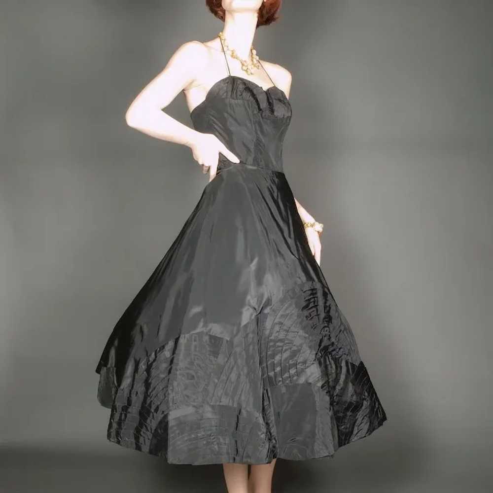 1950's Black Taffeta Dress Pleated Geometric Appl… - image 8