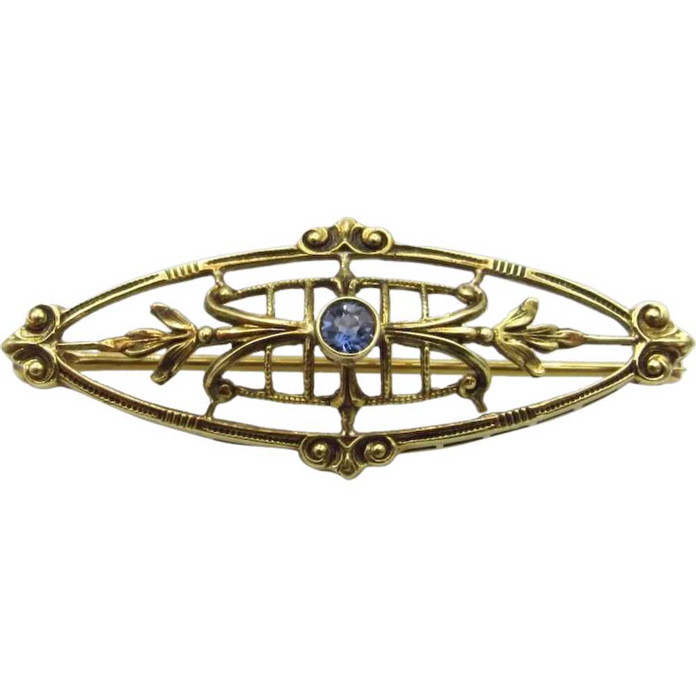 Edwardian 14K Yellow Gold and Sapphire Brooch - image 1