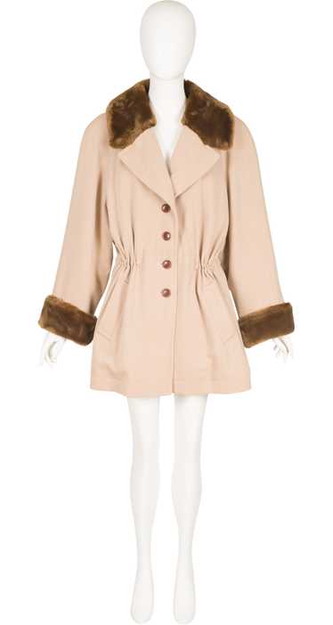 Escada 1990s Beige Wool Gabardine Faux Fur Trim Co